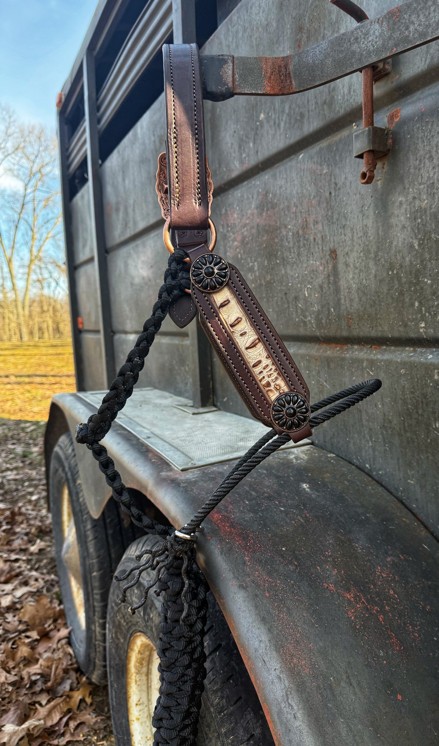 White Croc w/ blk sandstone conchos hybrid halter