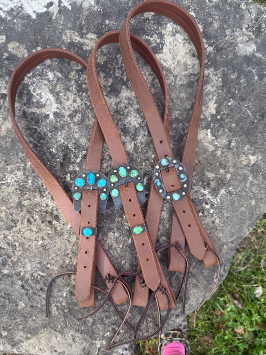 Handmade authentic turquoise buckles on a 1 inch hot oiled split ear Headstall
