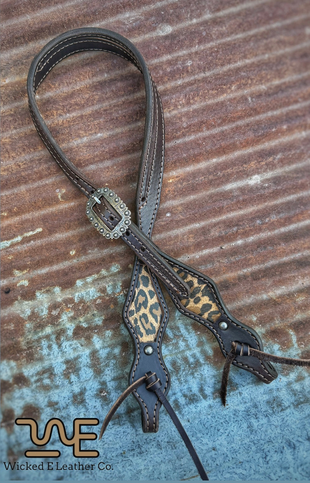 Cheetah inlay Split ear headstall w/ tie ends “Ready to ship”