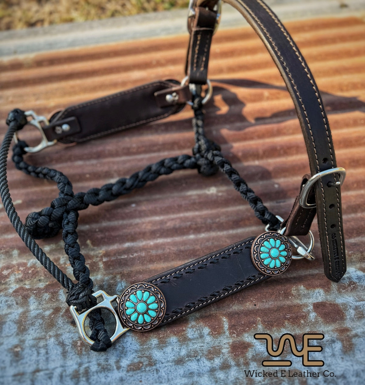 Black Buckstich Working hybrid halter w/ big turquoise Conchos