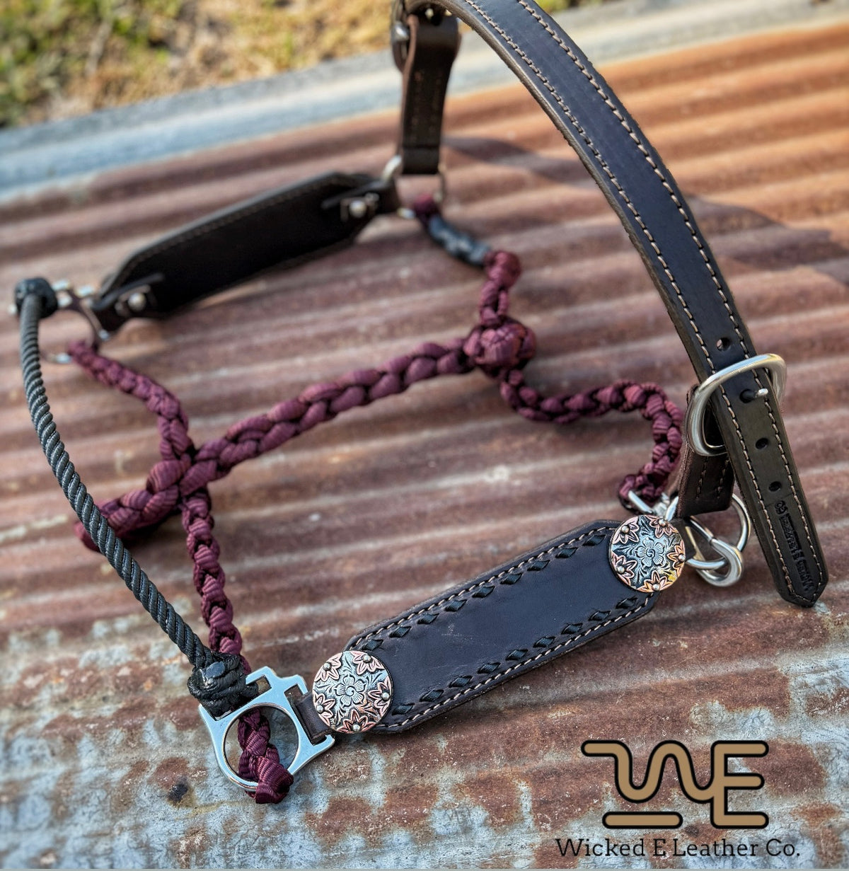 Black Buckstich working hybrid halter with 2- tone flower conchos
