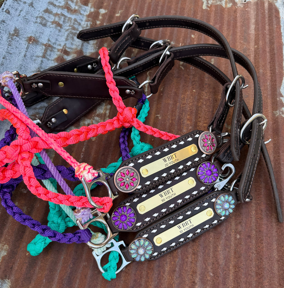 White Buckstitch w/Name plates Working Hybrid halter “Choose your own hardware/muletape color