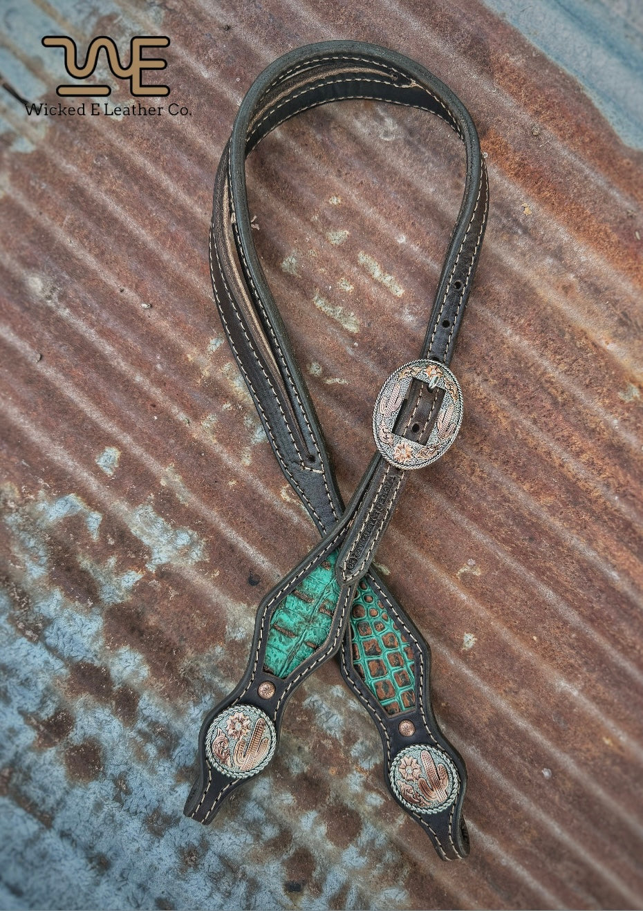 Antique copper turquoise croc inlay w/ concho ends “Ready to ship”