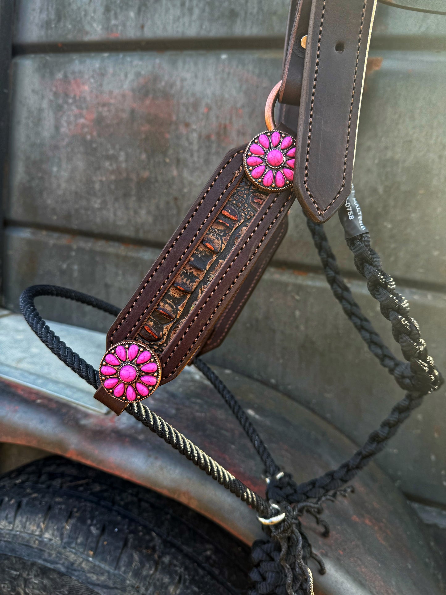 Brown Croc w/ pink sandstone conchos hybrid halter