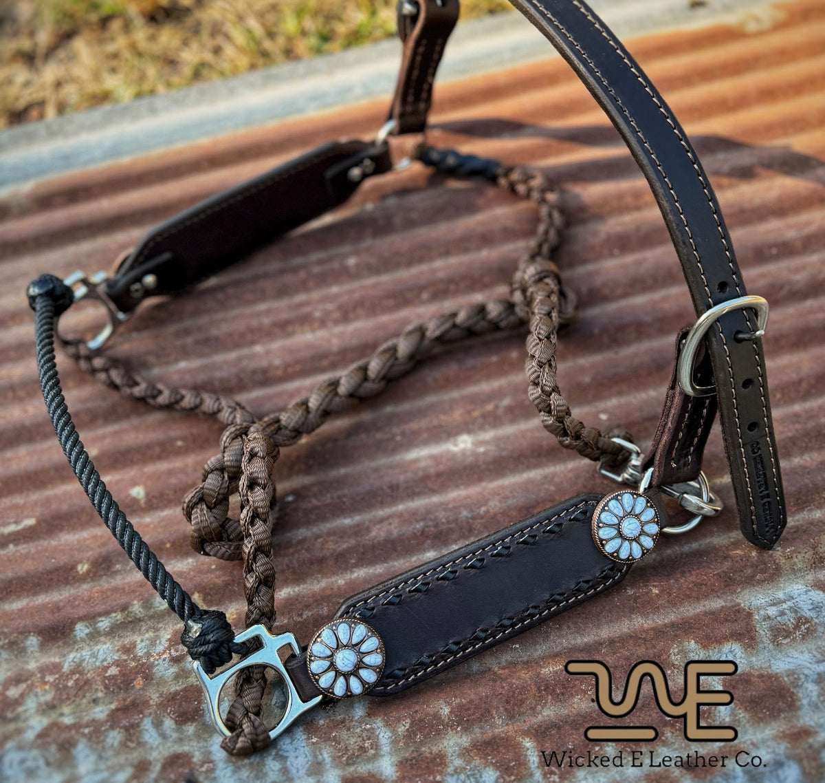 Regular Black Buckstitch Working hybrid halter “Choose your own hardware/muletape color”