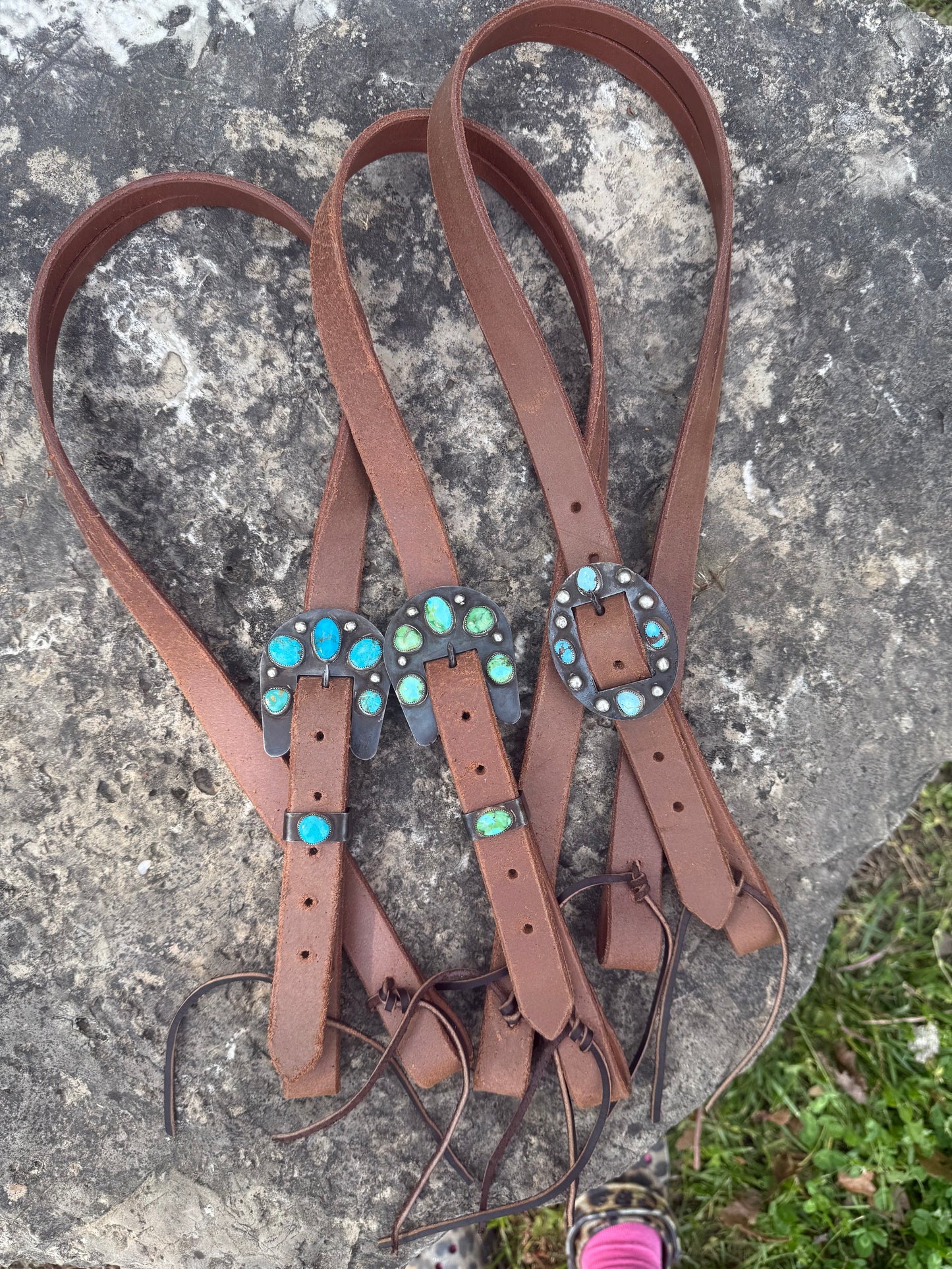 Handmade authentic turquoise buckles on a 1 inch hot oiled split ear Headstall