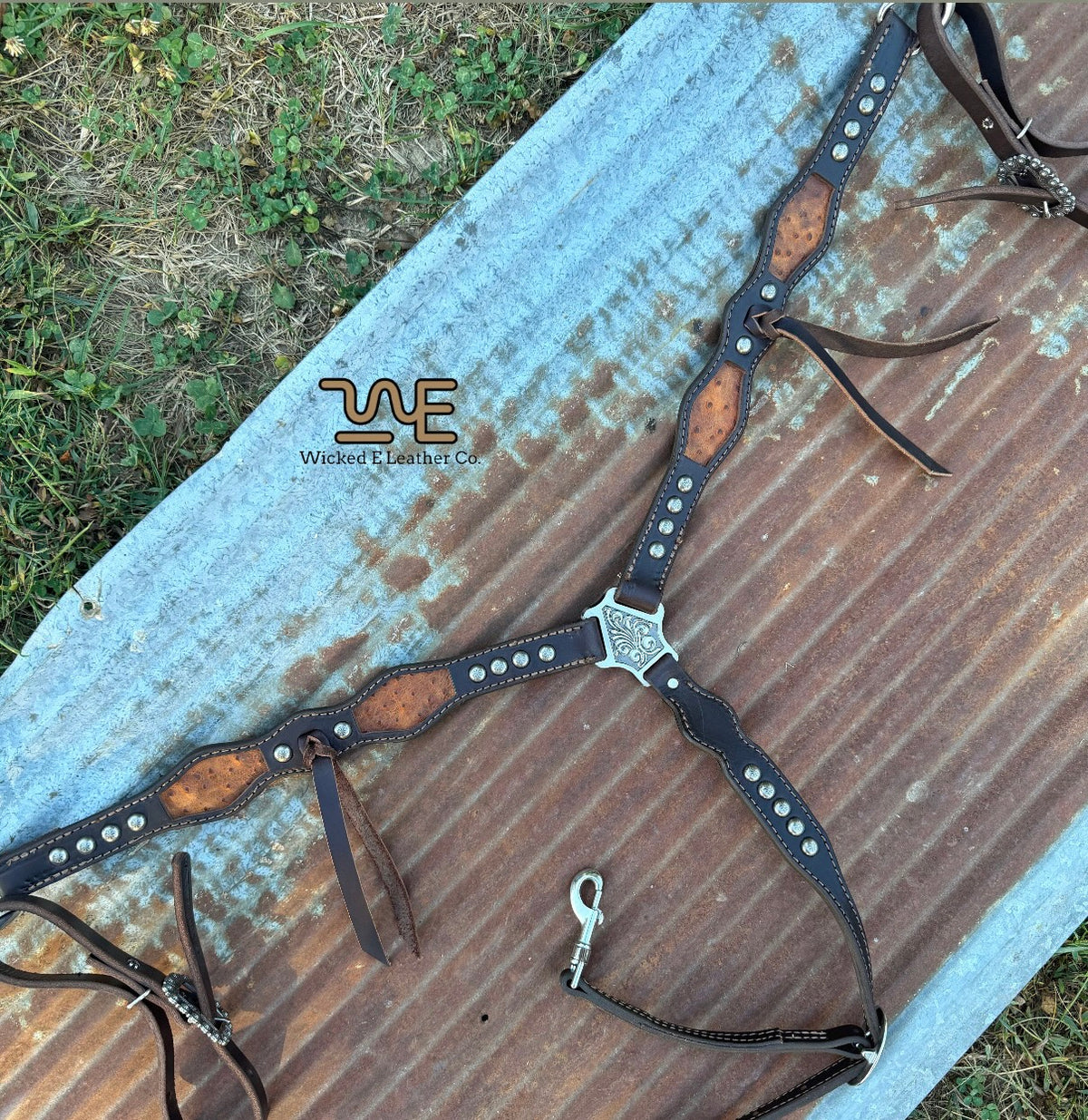 Brown Ostrich inlay W/fringe Breast collar “pick your own hardware”
