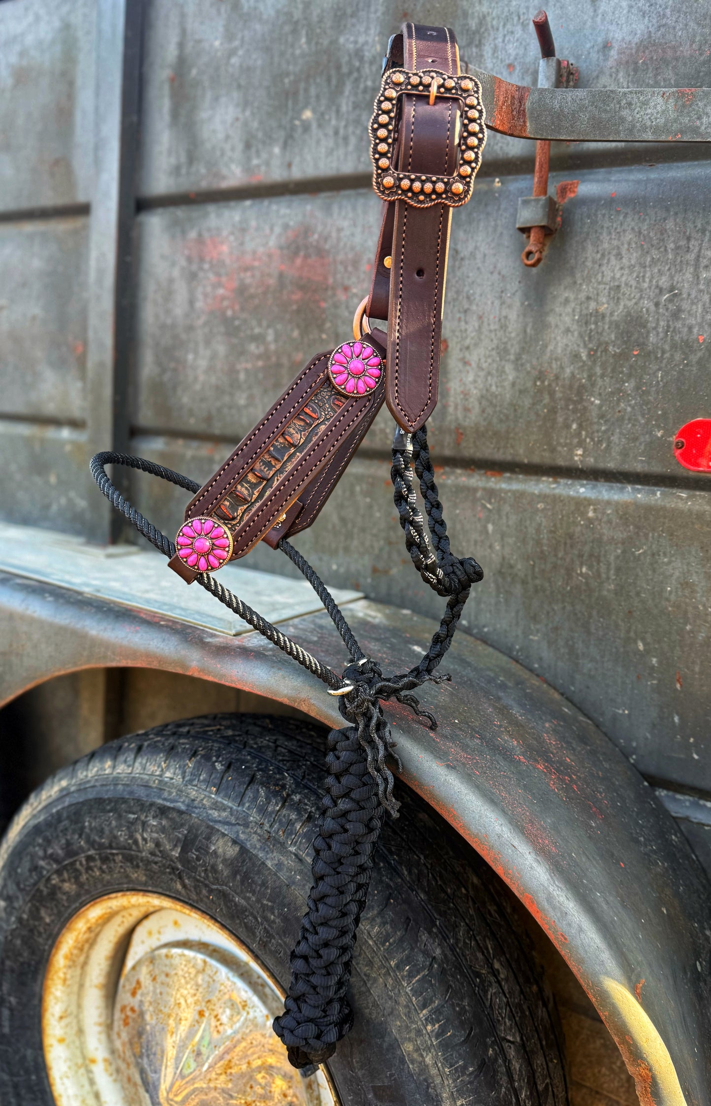 Brown Croc w/ pink sandstone conchos hybrid halter