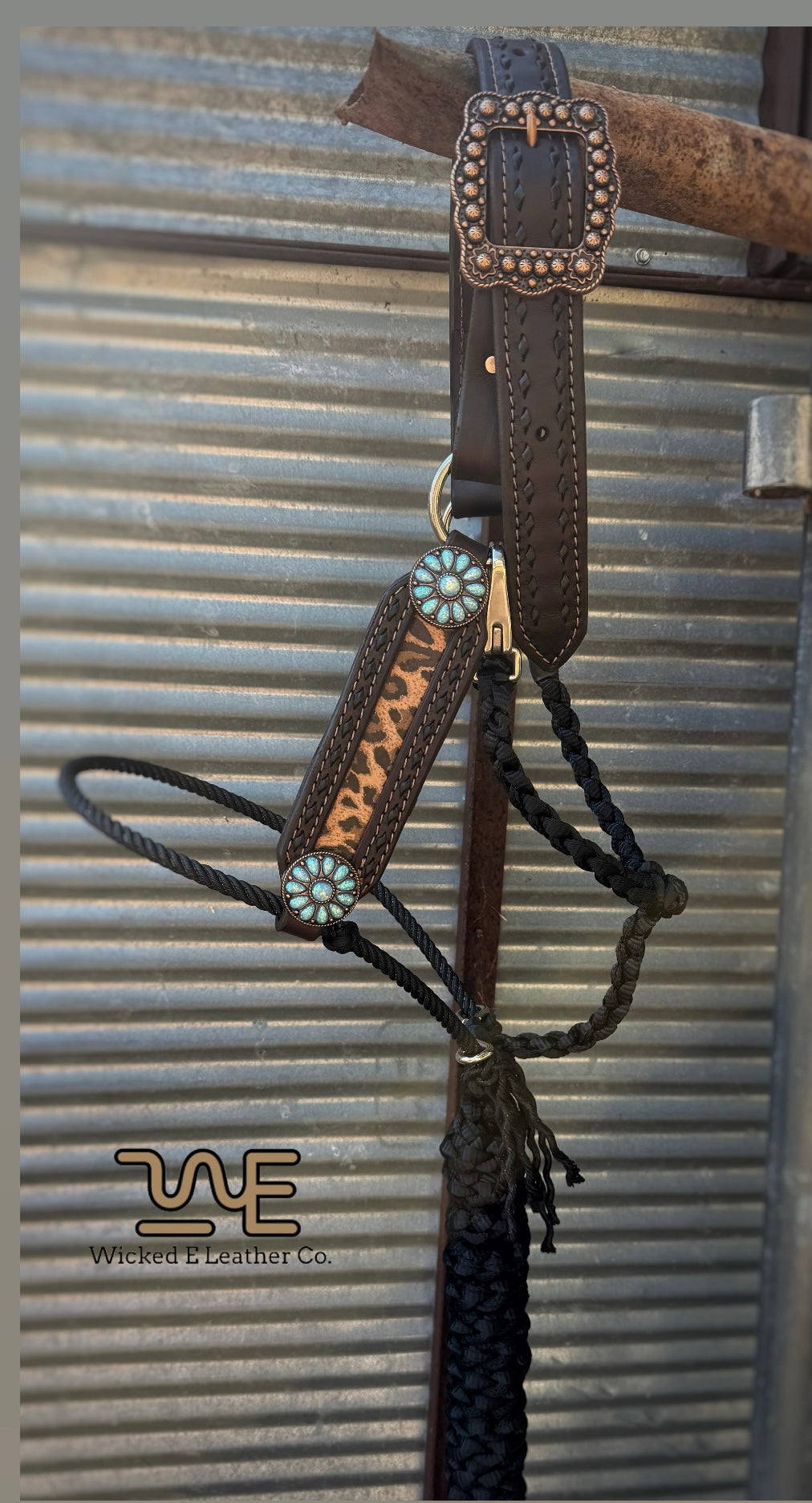 Black Buckstich w/cheetah inlay lariat hybrid halter “Choose your own hardware/muletape colors”