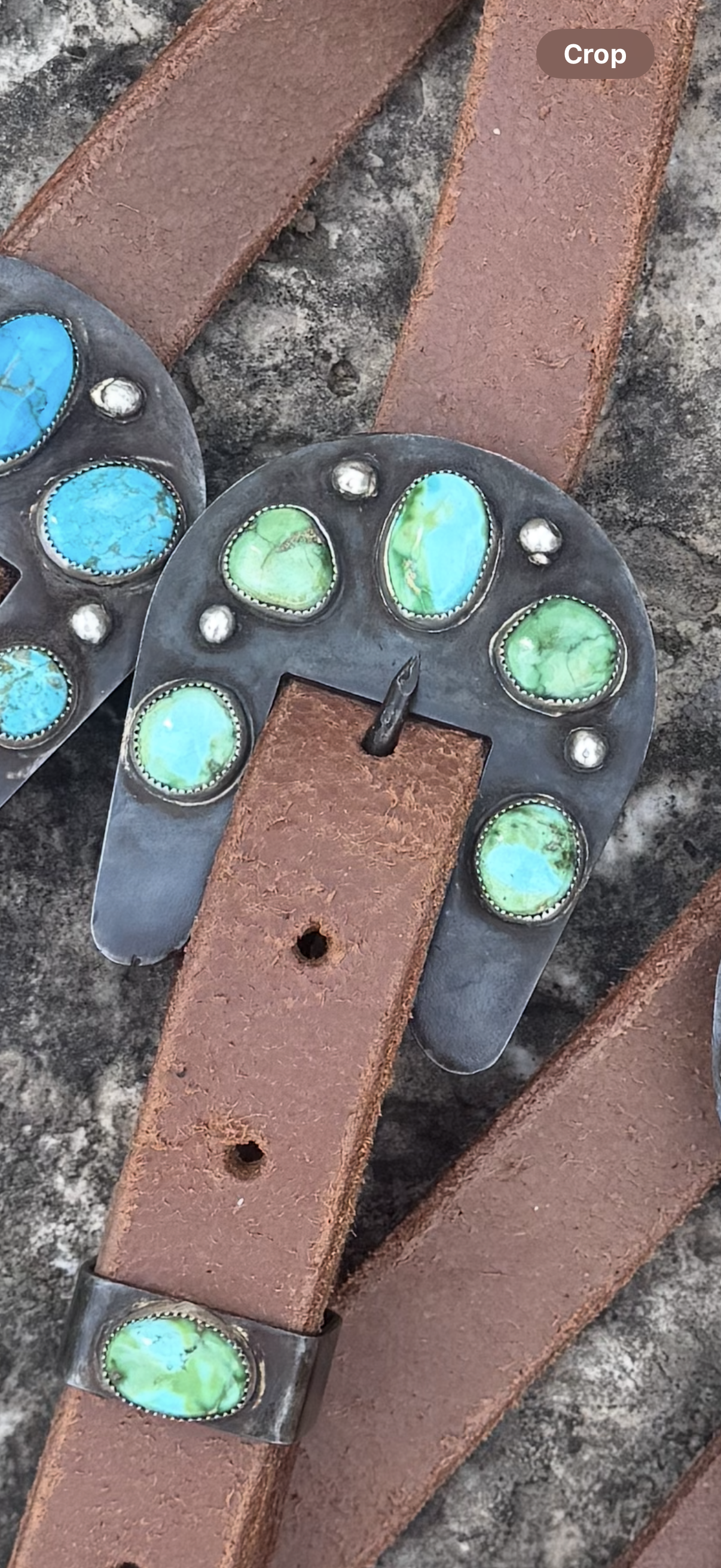 Handmade authentic turquoise buckles on a 1 inch hot oiled split ear Headstall