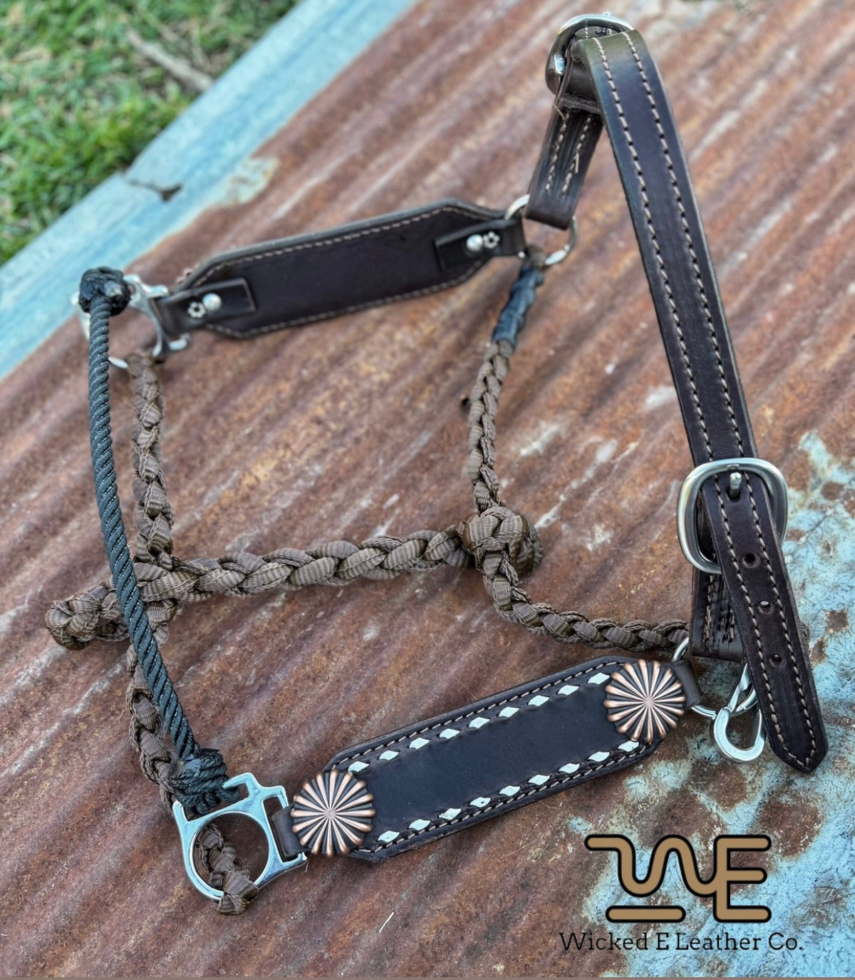 Regular White Buckstitch Working hybrid halter “Choose your own hardware/muletape color”