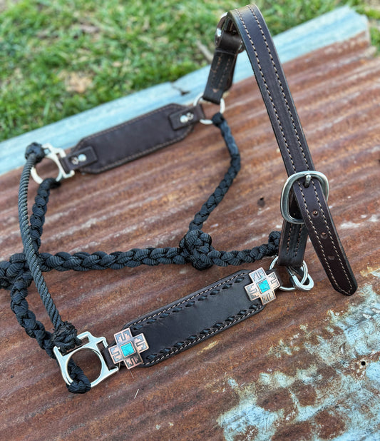 Black buckstich w/turquoise cross working hybrid halter