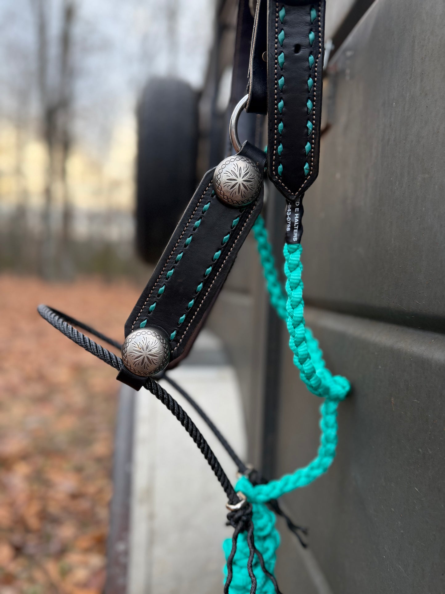 Black leather with turquoise Buck stitch