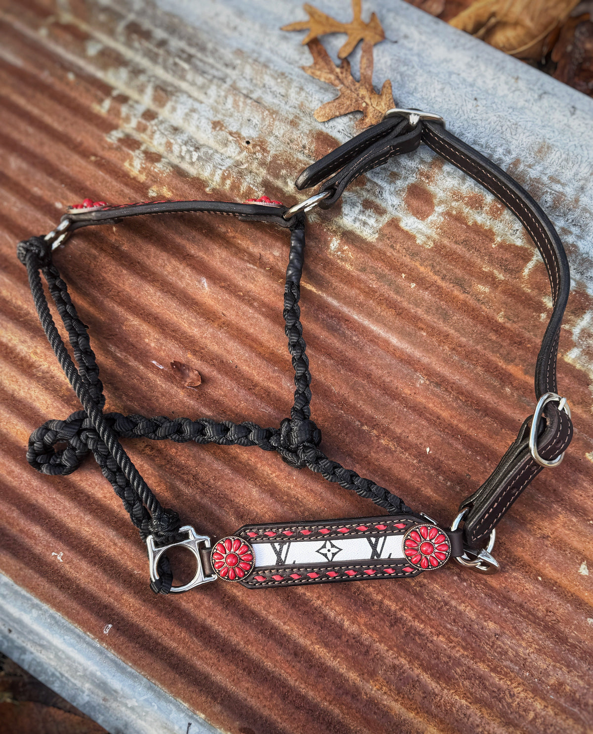 Red Buckstitch w/white Design inlay “choose your own hardware/muletape color”