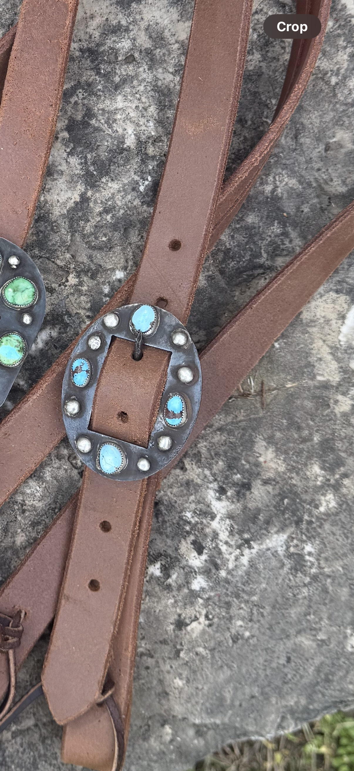 Handmade authentic turquoise buckles on a 1 inch hot oiled split ear Headstall
