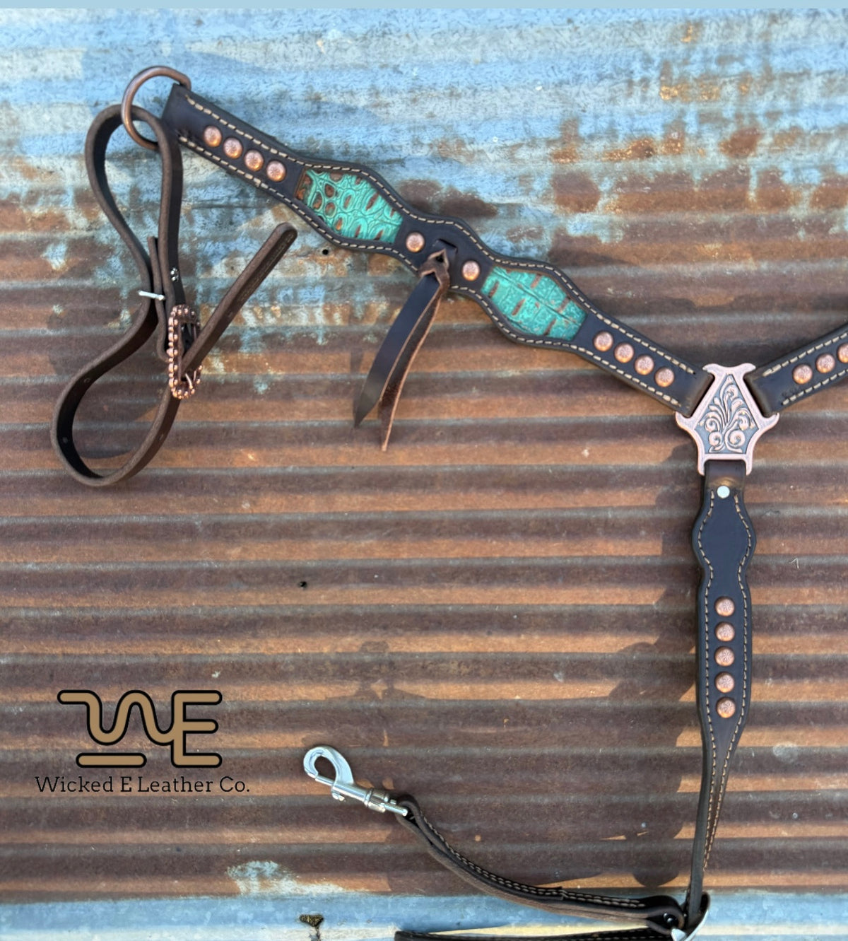 Antique Copper turquoise croc inlay w/Fringe Breast collar “Pick your own hardware”