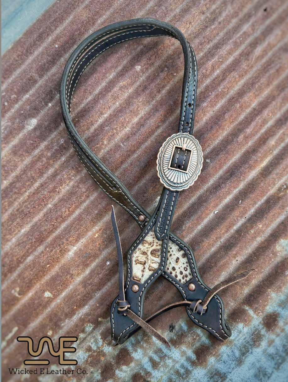 Antique copper white croc Inlay split Ear Headstall w/ tie ends