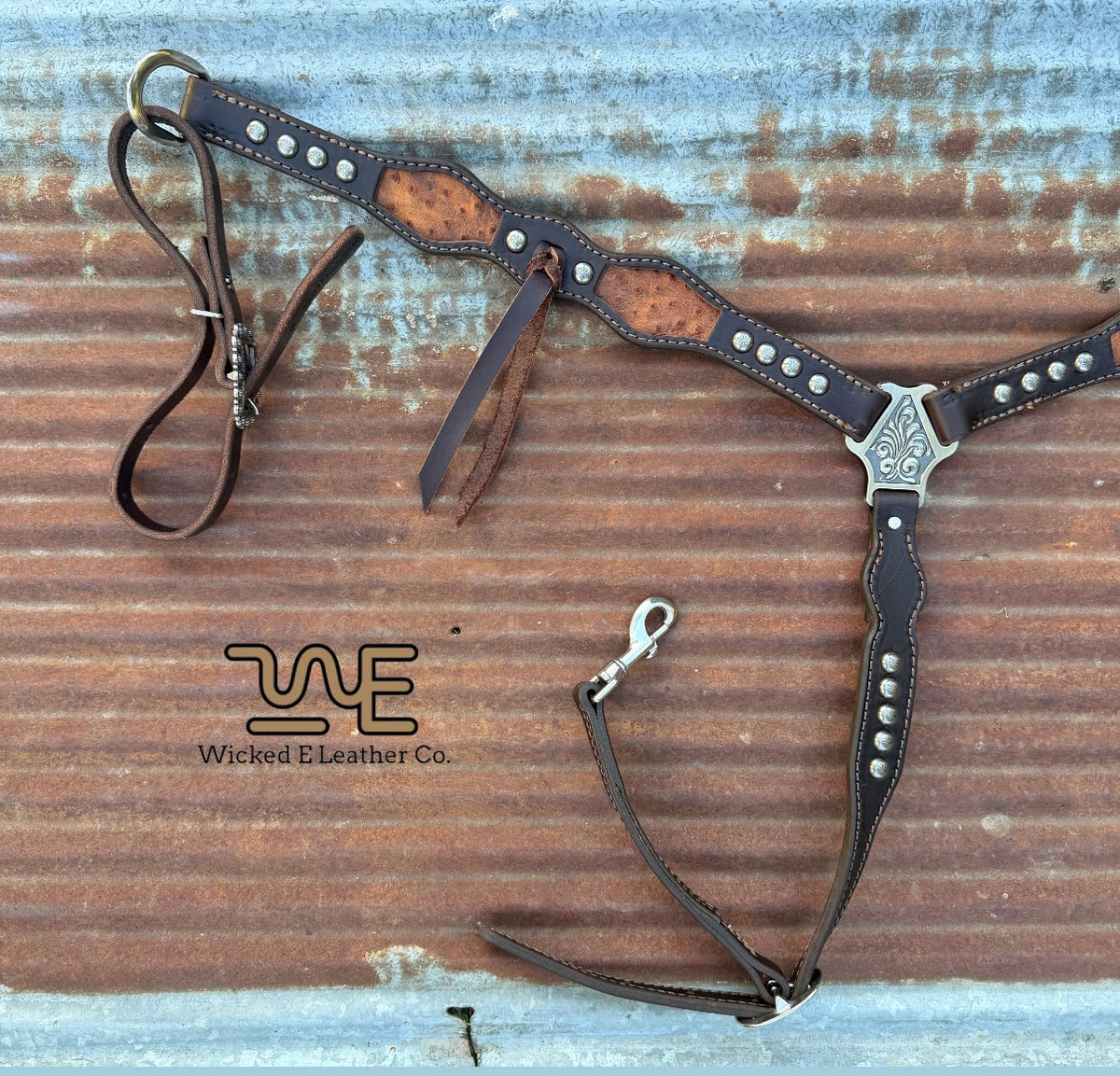 Brown Ostrich inlay W/fringe Breast collar “pick your own hardware”