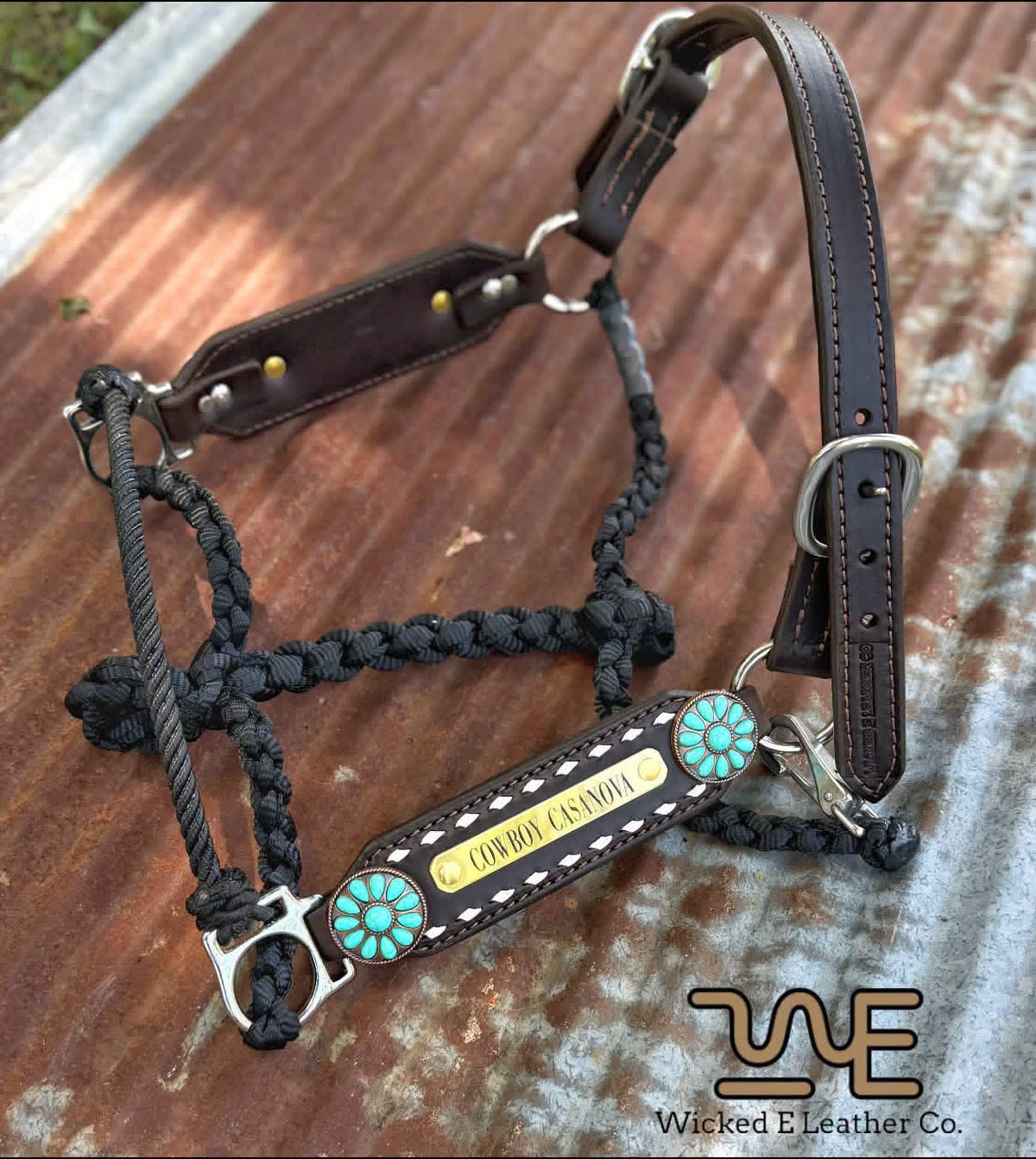 White Buckstitch w/Name plates Working Hybrid halter “Choose your own hardware/muletape color