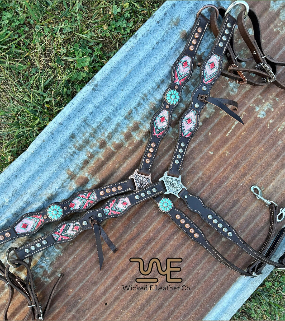 Pink/turquoise Aztec inlay Breast collars “Ready to ship”