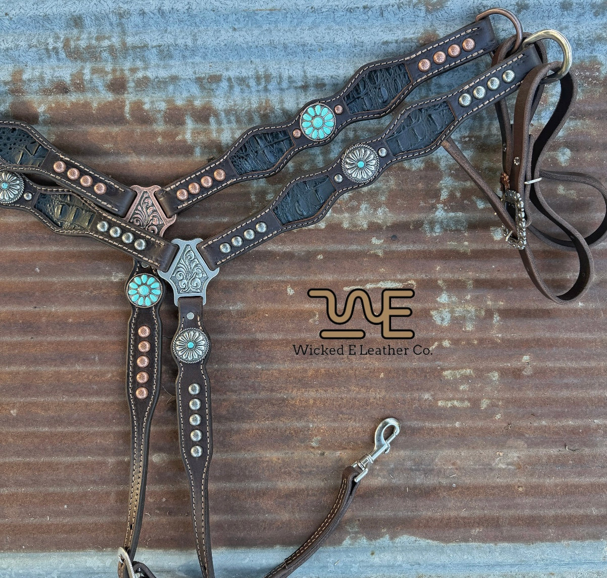 Black Croc inlay w/conchos breast collar “Pick your own hardware”