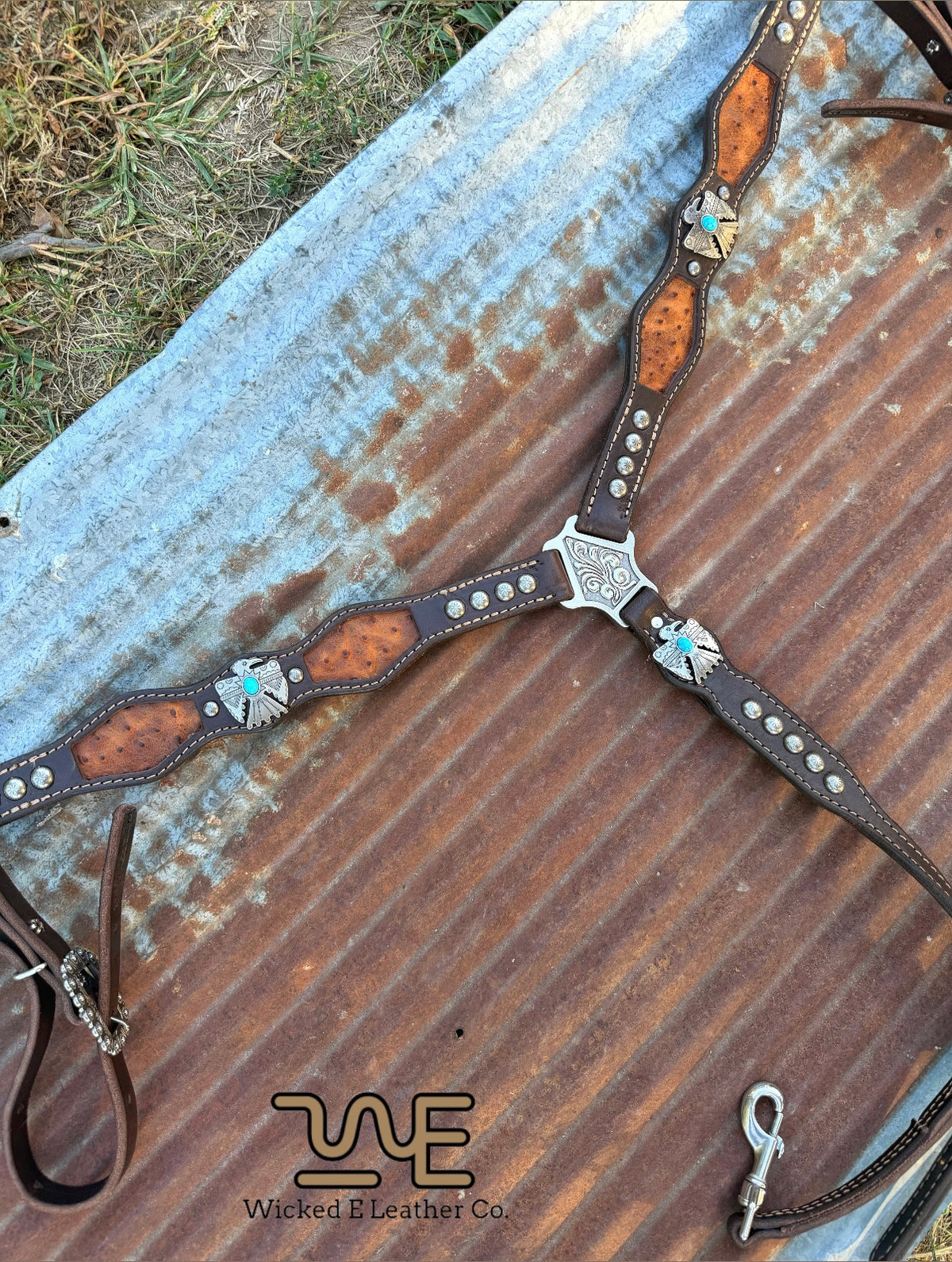 Brown Ostrich inlay w/conchos Breast collar “Pick your own hardware”