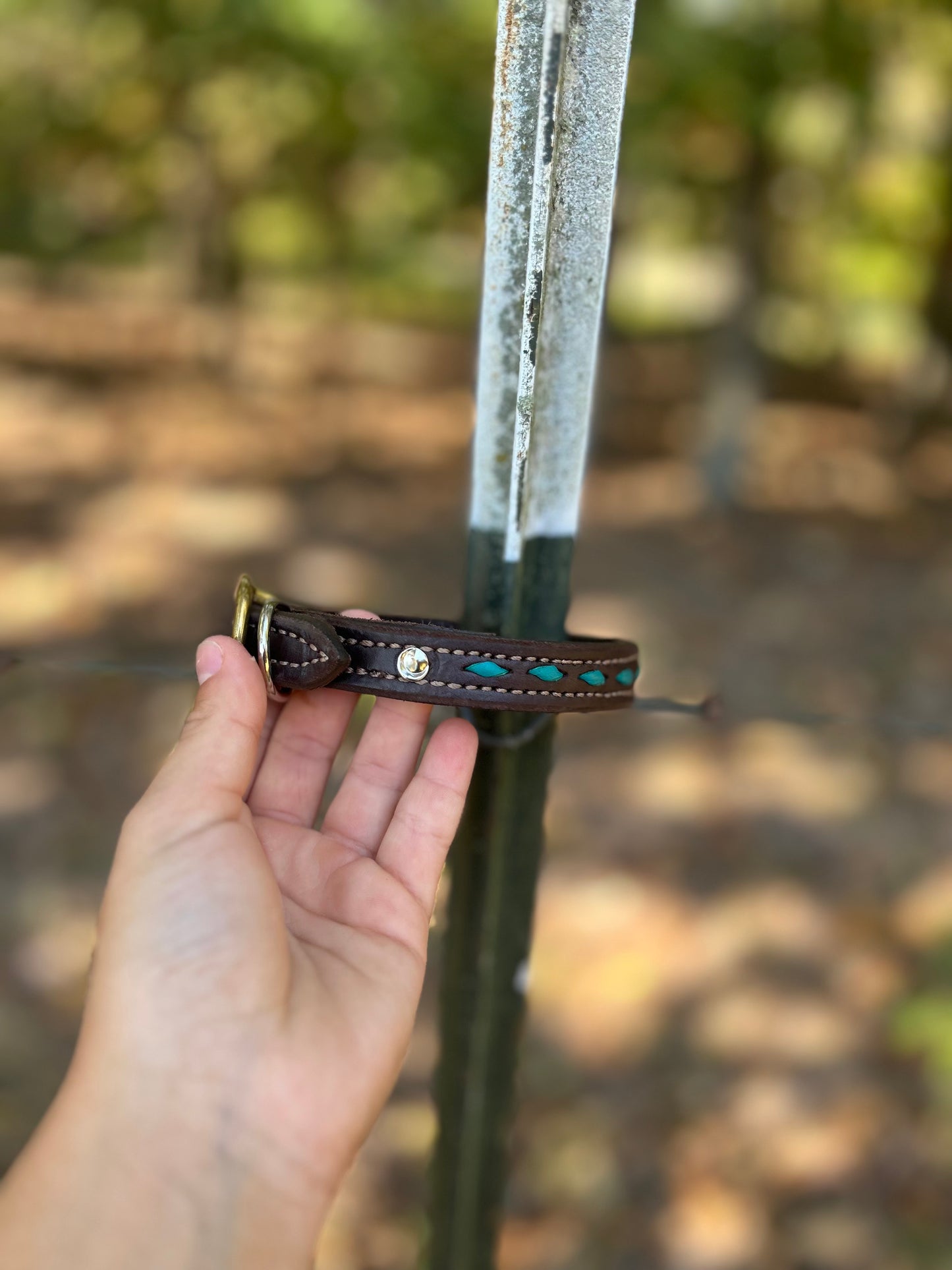 Brass buckle with turquoises buck stitch