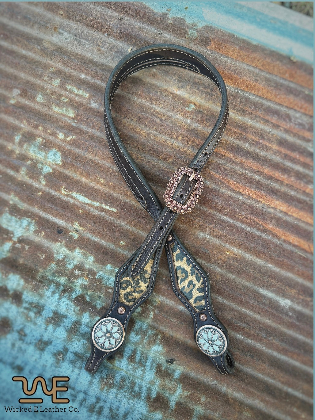 Cheetah inlay split ear headstall w/ concho ends “Ready to ship”