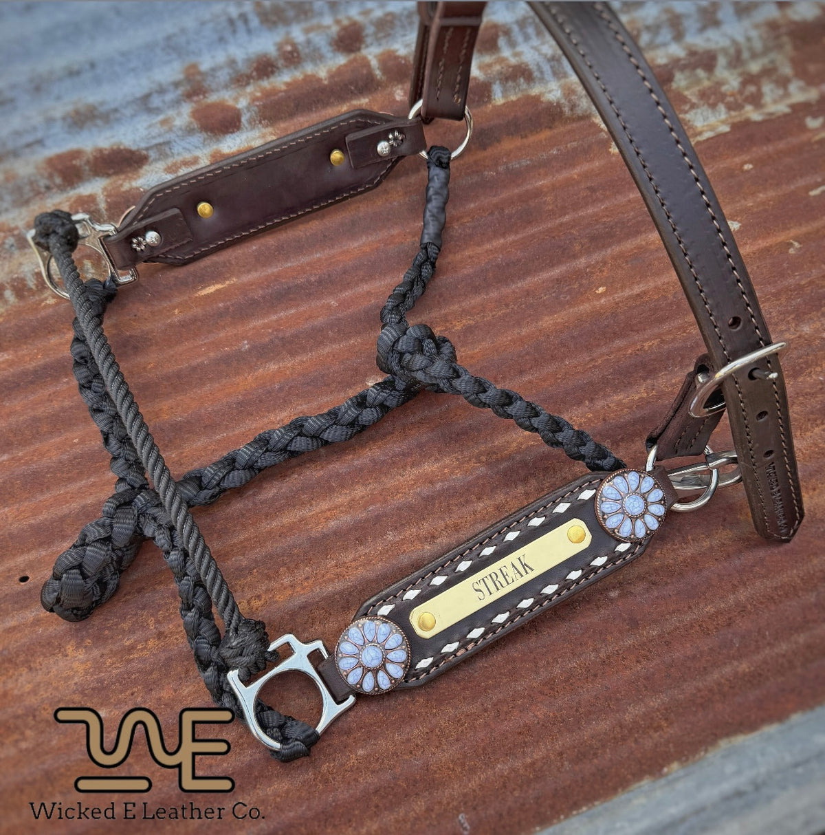 White Buckstitch w/Name plates Working Hybrid halter “Choose your own hardware/muletape color