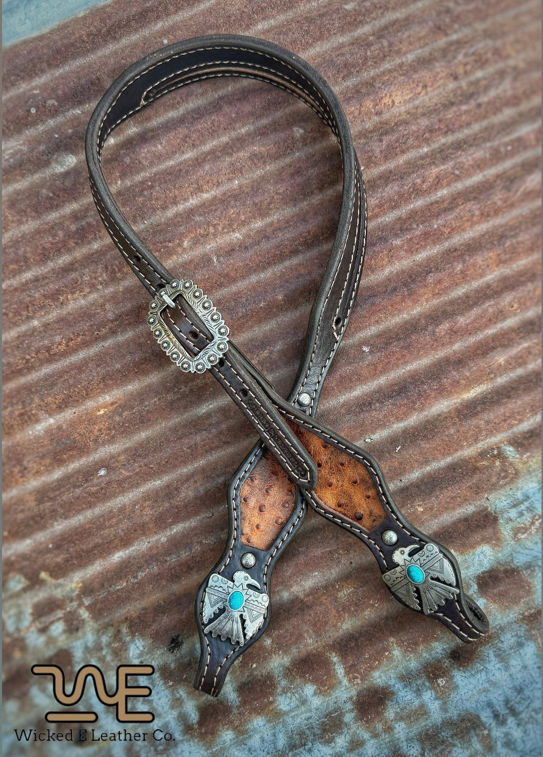 Brown ostrich Inlay Split ear headstall w/ concho ends
