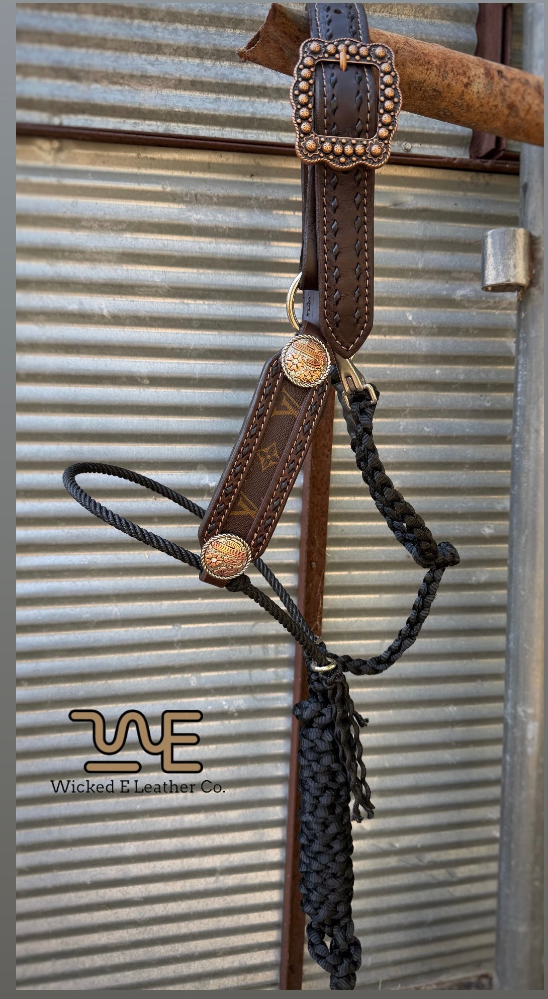 Black Buckstitch w/Designer inlay lariat hybrid halter “Choose your own hardware/muletape”