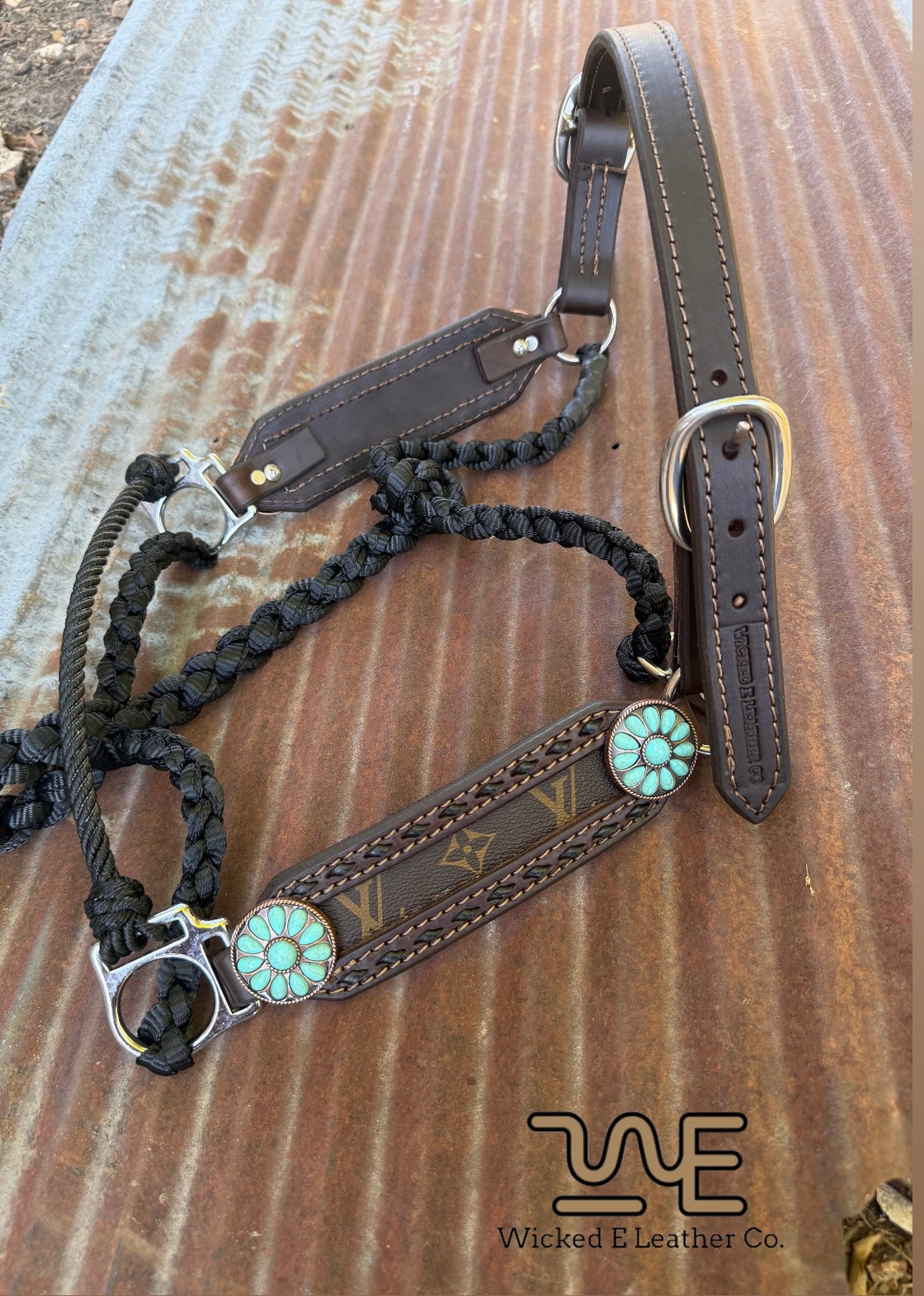 Black Buckstitch w/Designer inlay working hybrid halter “Choose your own hardware/muletape”