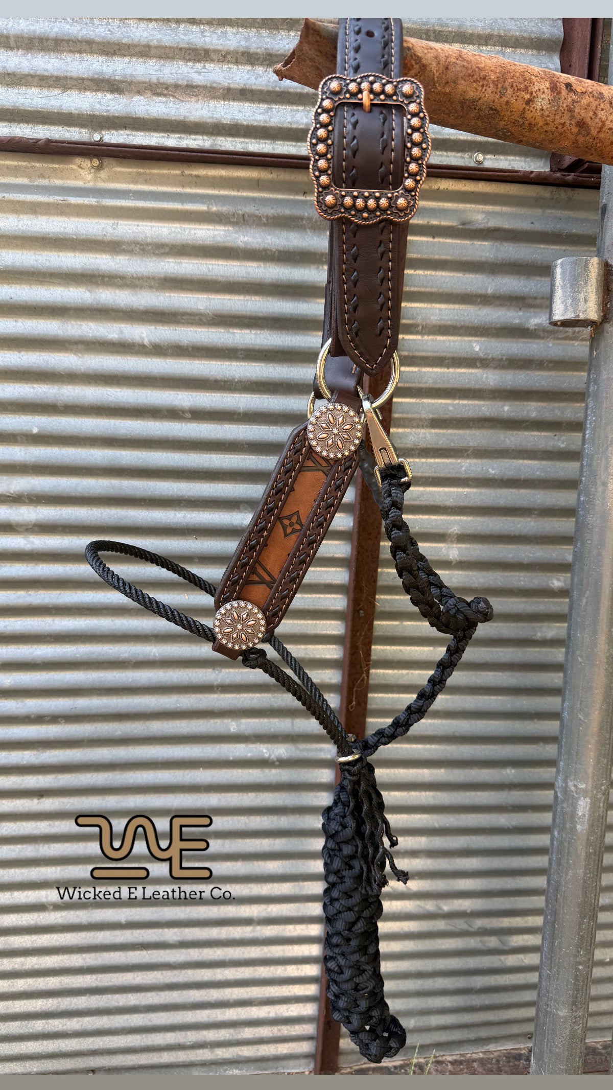 Black Buckstitch w/rustic designer inlay lariat hybrid halter “choose your own hardware/muletape color”