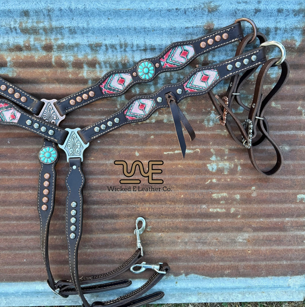 Pink/turquoise Aztec inlay Breast collars “Ready to ship”