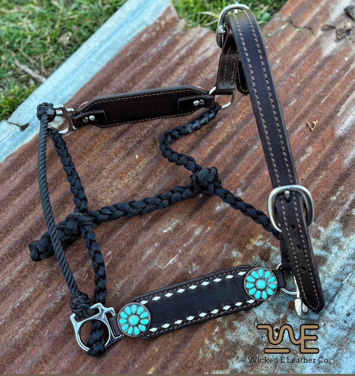 Regular White Buckstitch Working hybrid halter “Choose your own hardware/muletape color”