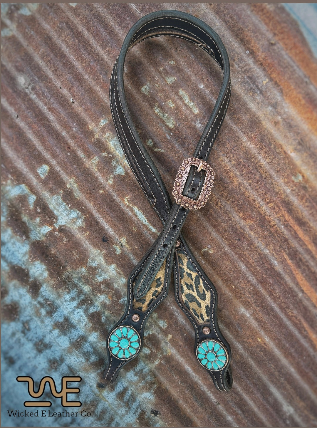 Cheetah inlay split ear headstall w/ concho ends “Ready to ship”