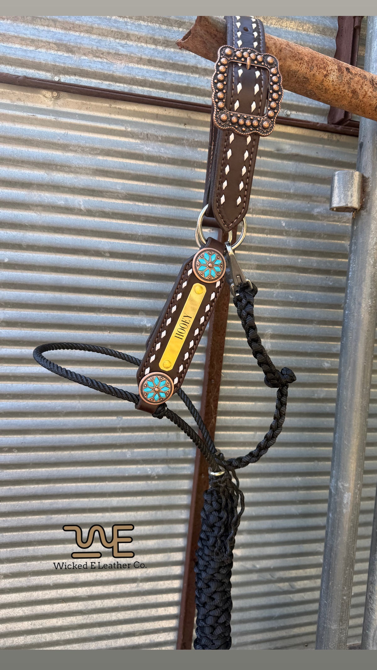 White Buckstitch w/name plates lariat hybrid halter “choose your own hardware/muletape color”