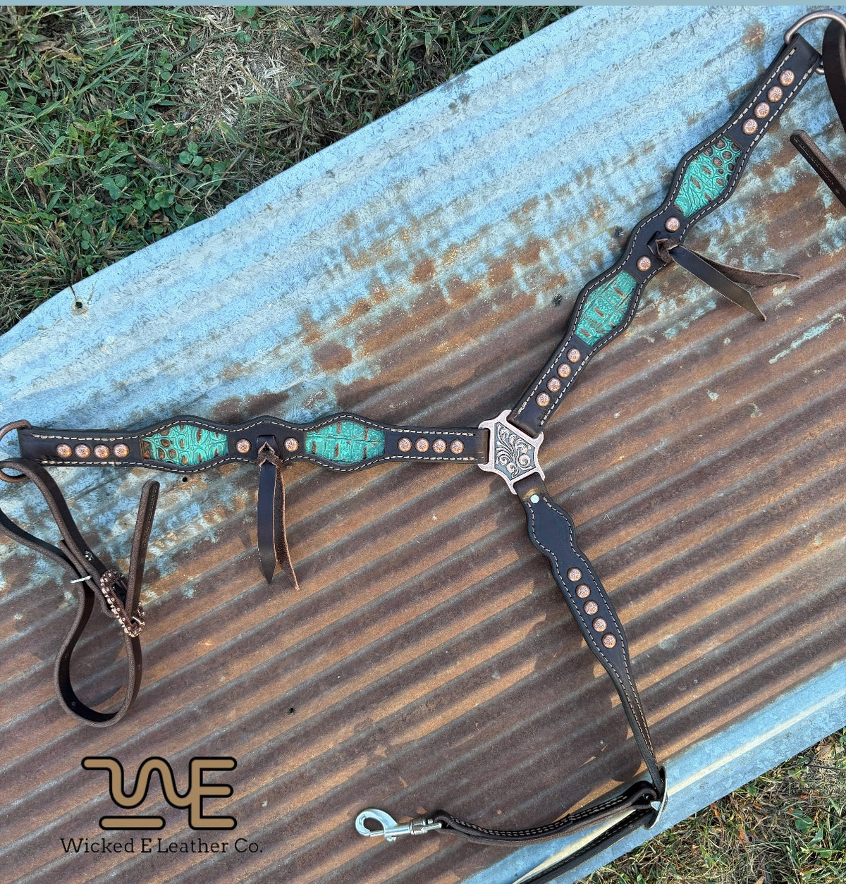Antique Copper turquoise croc inlay w/Fringe Breast collar “Pick your own hardware”