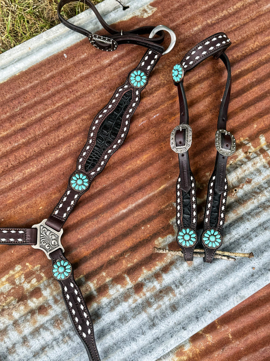 Black Croc Breast collar w/ turquoise Conchos
