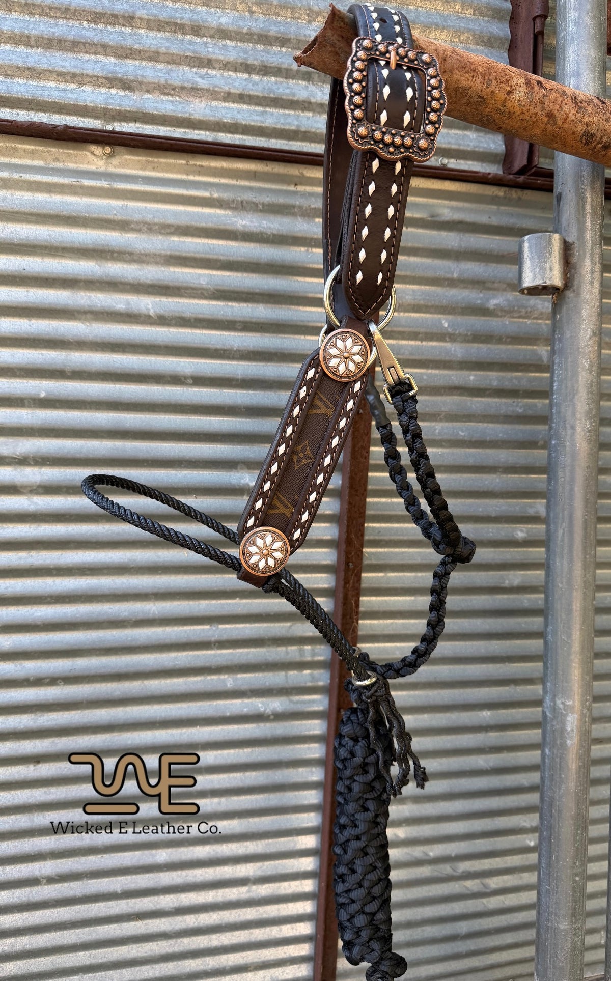 White Buckstitch W/designer inlay lariat hybrid halter “Choose your own hardware/muletape colors”