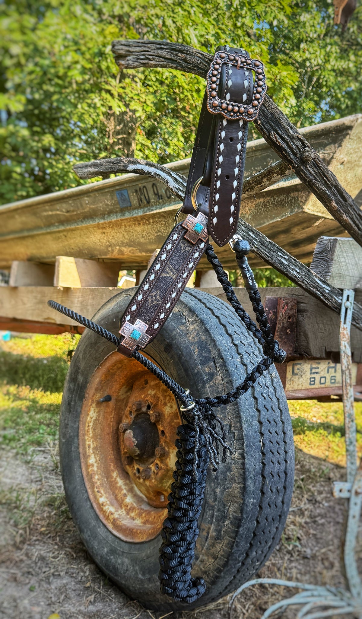 White Buckstitch W/designer inlay lariat hybrid halter “Choose your own hardware/muletape colors”