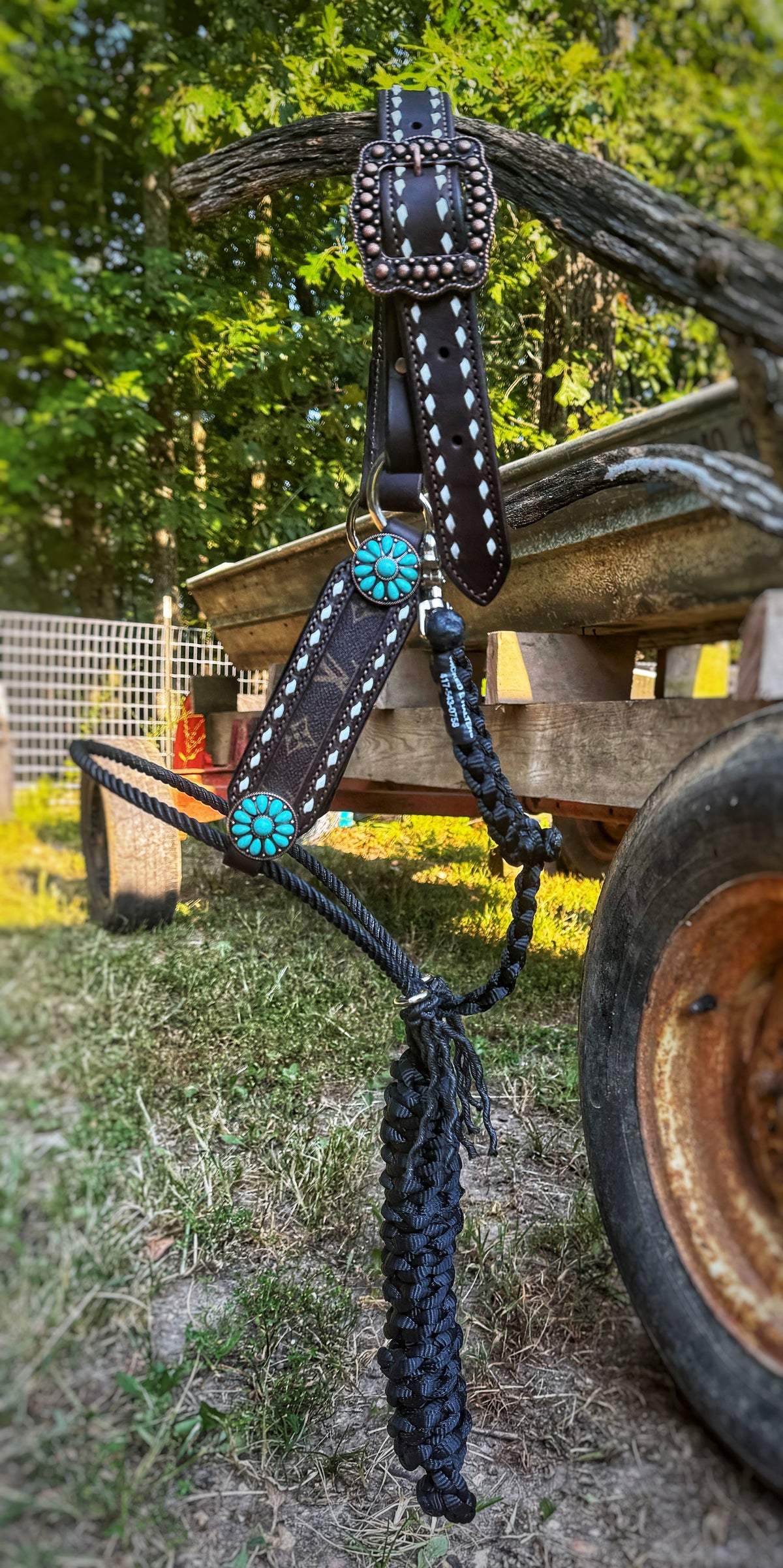 White Buckstitch W/designer inlay lariat hybrid halter “Choose your own hardware/muletape colors”
