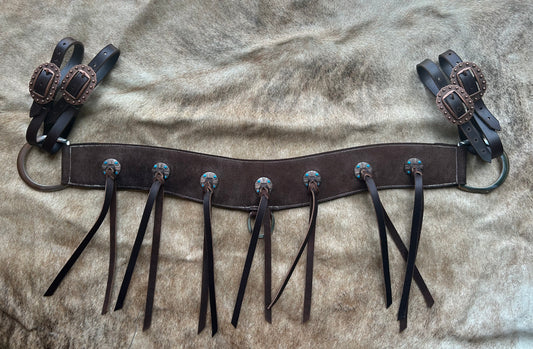 Rough out Leather tripping collar w/ copper arrow Concho w/fringe